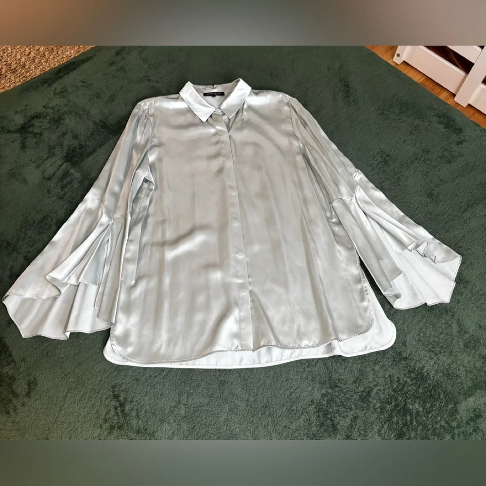 Lafayette 148 New York Peppermint 100% Silk Bell Sleeve Blouse XL $498 Old Money - Picture 2 of 7
